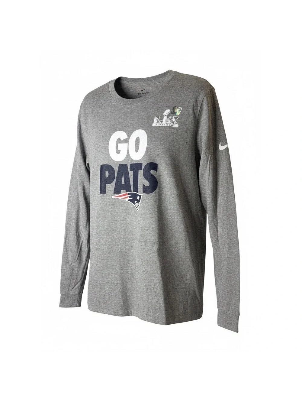 New Nike Mens New England Patriots Super Bowl LII Go Pats Long Sleeve Shirt Grey